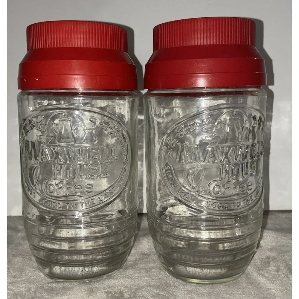 Vintage Maxwell House Coffee Glass Jar Anchor Hocking Canister Red Lid Lot Of 2